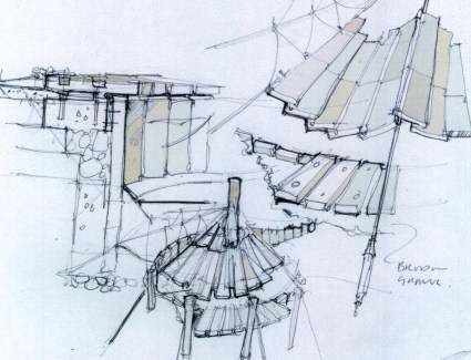 Sketch of hide with seating area in steel cable and cedar shales, click to view next page.