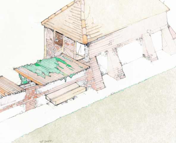 Arial view of flint wall and granary, click to view construction.