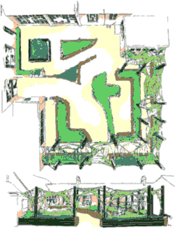 Proposed courtyard viewed in plan and eleveation.